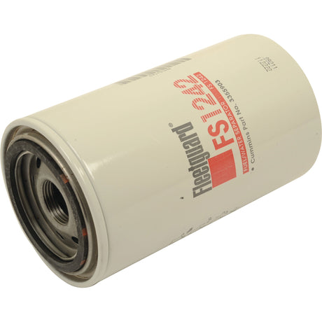 A cylindrical, white Sparex Fuel Separator - Spin On FS1242 with red and black text, designed for Cummins engines, featuring a micron rating of 20.