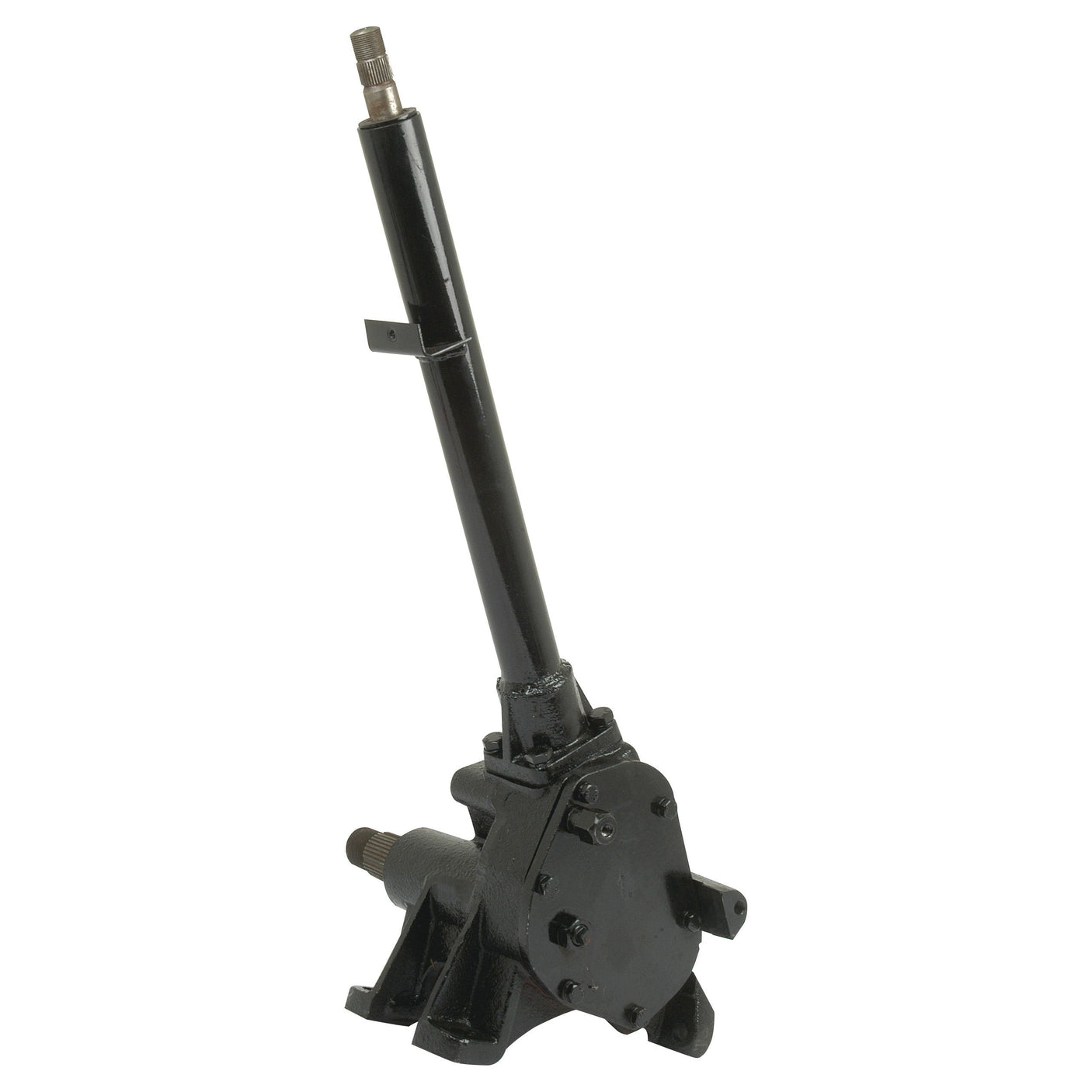 A black Steering Box Assembly (Sparex Part No. S.73504) with a vertical shaft extended upward, commonly used in Massey Ferguson tractors.