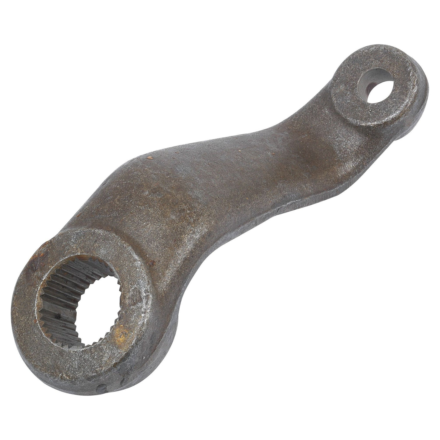 A Sparex Steering Box Drop Arm (Sparex Part No. S.73514) features a metal lever arm with a circular gear-like opening on one end and a smaller circular hole on the other, ideal for use in Massey Ferguson steering box drop arms.