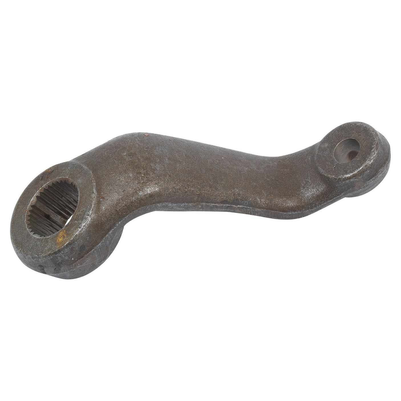 The Steering Box Drop Arm, Sparex Part No. S.73514, is a metallic steering arm with a splined hole on one end and a circular hole on the other, designed specifically for Massey Ferguson models by the brand Sparex.