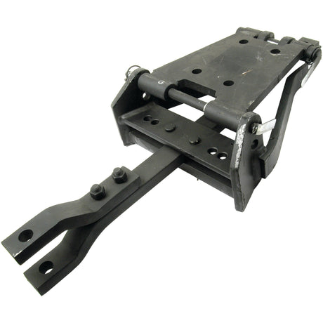 Close-up of a black metal Swinging Drawbar Assembly (Sparex Part No. S.73628) with multiple bolts and hinge points, designed for securing and connecting heavy equipment, compatible with Massey Ferguson tractor parts from Sparex.