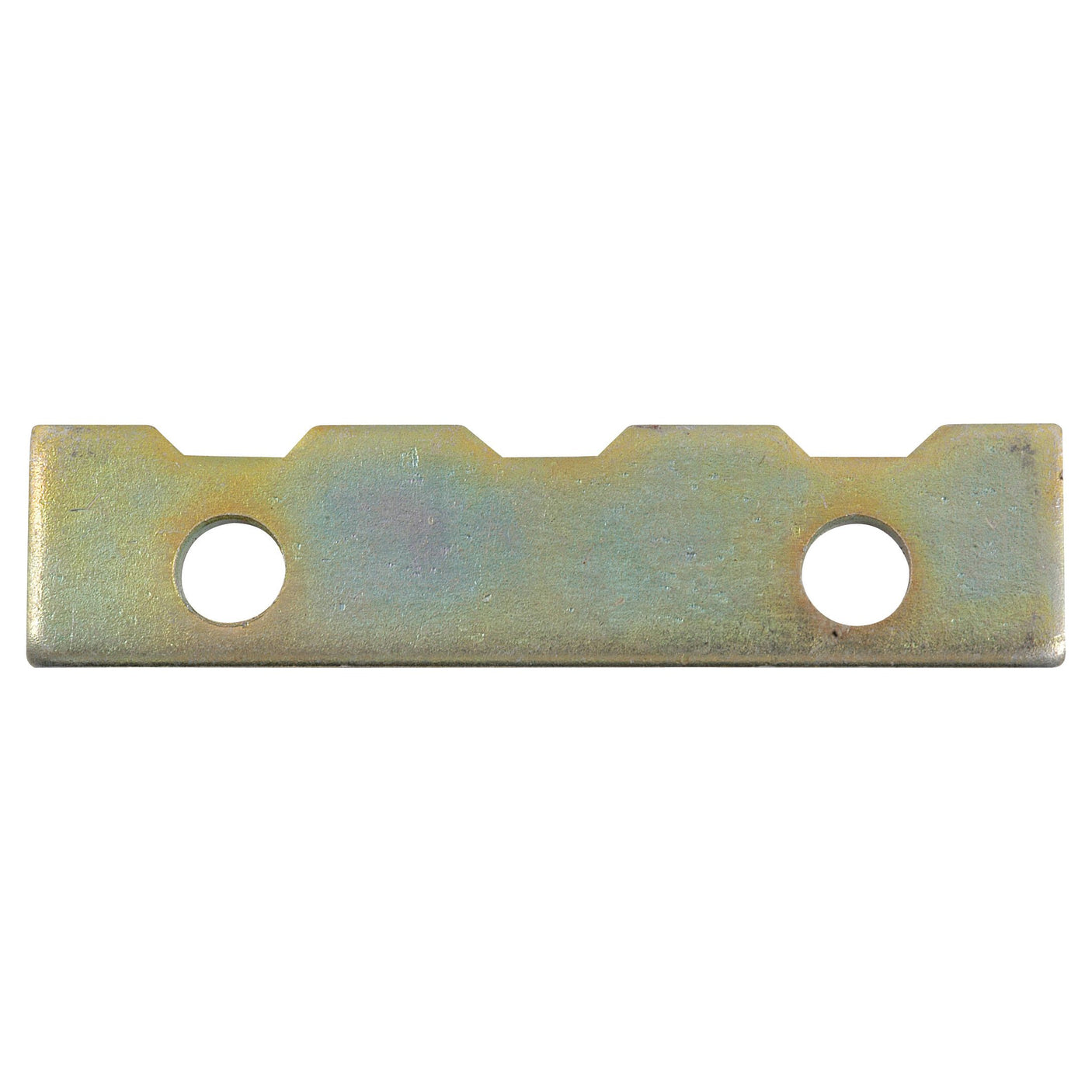 The Gear Shift Stop Plate, Sparex Part No. S.73629, by Sparex is a rectangular metallic plate with a flat surface featuring two circular holes and three notches along one edge, specifically designed for Massey Ferguson machines.