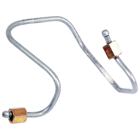 The Sparex Fuel Injector Pipe (Part No. S.73633) is a curved metal tube with nuts and threaded connectors on both ends, making it ideal for Ford New Holland models.