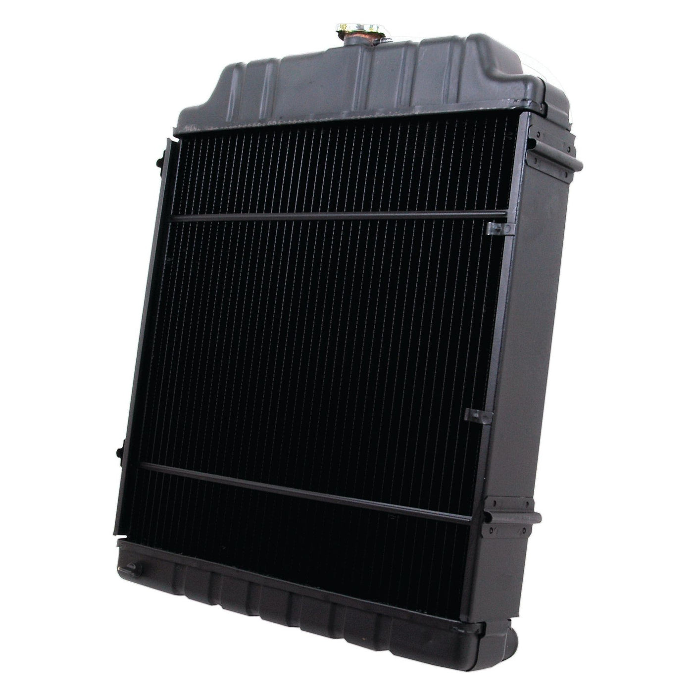 Image of a Sparex Radiator - S.73637 in black, featuring an inlet measuring 51mm angled slightly upward, with its front fins and metal frame visible, topped with a Sparex radiator cap.