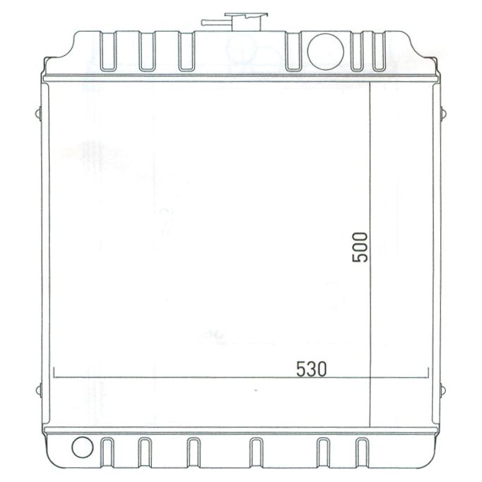 Blueprint-style line drawing of a rectangular Sparex radiator, Radiator - S.73637, measuring 530mm in width and 500mm in height. The radiator features tank caps, a 51mm inlet, and threaded inlet/outlet ports on the top and bottom sides.