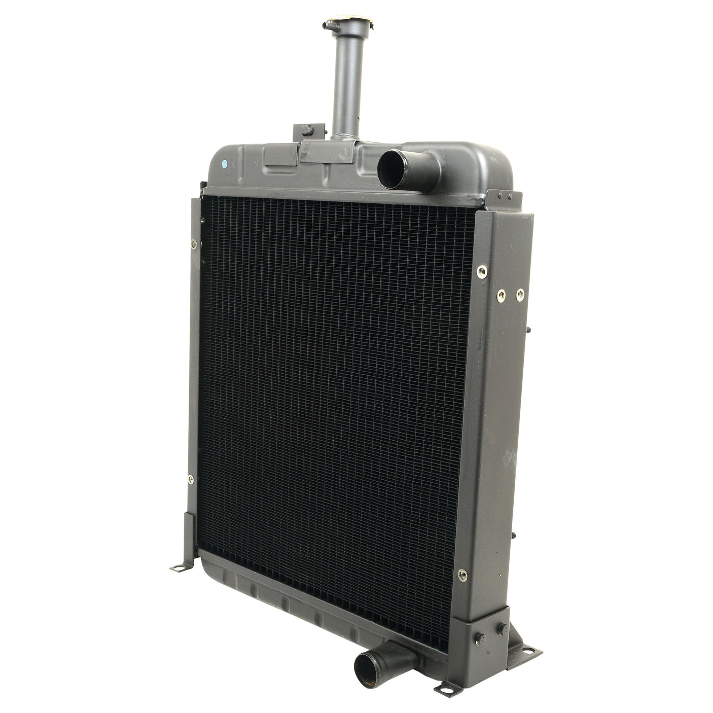 Image of the Sparex Radiator - S.73716, a metal automotive radiator featuring multiple hose attachments, overall height and width measurements, and a finned cooling core, depicted against a plain white background.