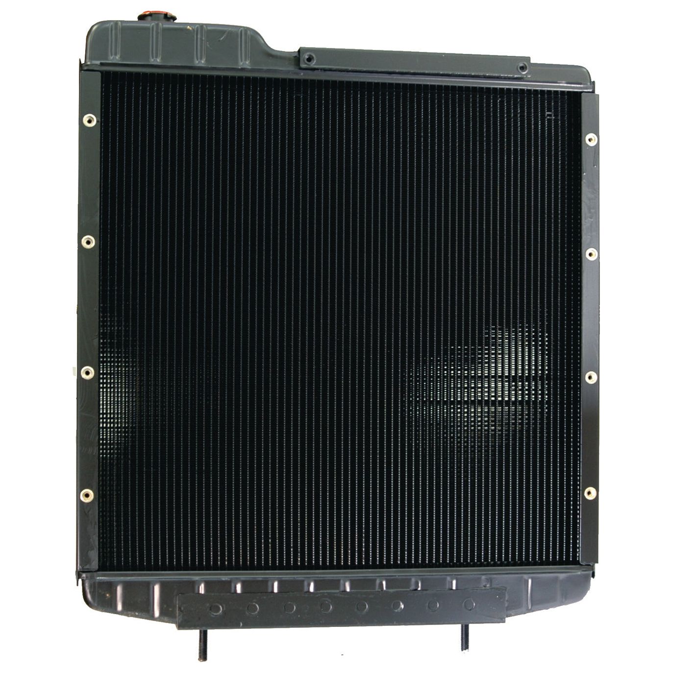 The Sparex Radiator - S.73800 is a black, rectangular automotive radiator featuring a grid-like pattern and a silver metal frame surrounding it. Ideal for vehicles requiring high-performance coolers, this Sparex product ensures efficient heat dissipation.