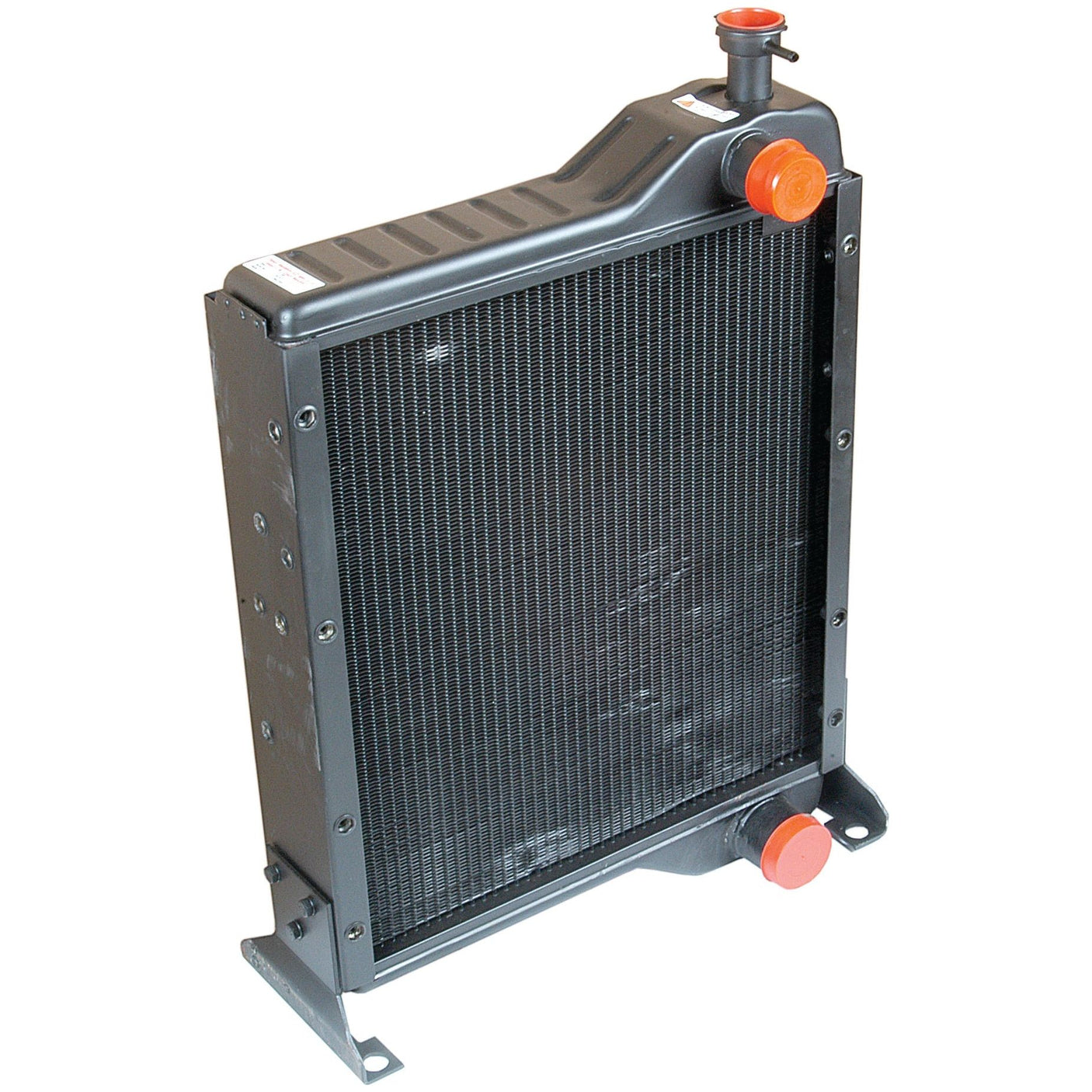 Image of a Sparex Radiator - S.73809 in black with orange caps on the top and bottom ports, featuring a metal casing and mounted base. This radiator is designed for optimal performance and reliability.