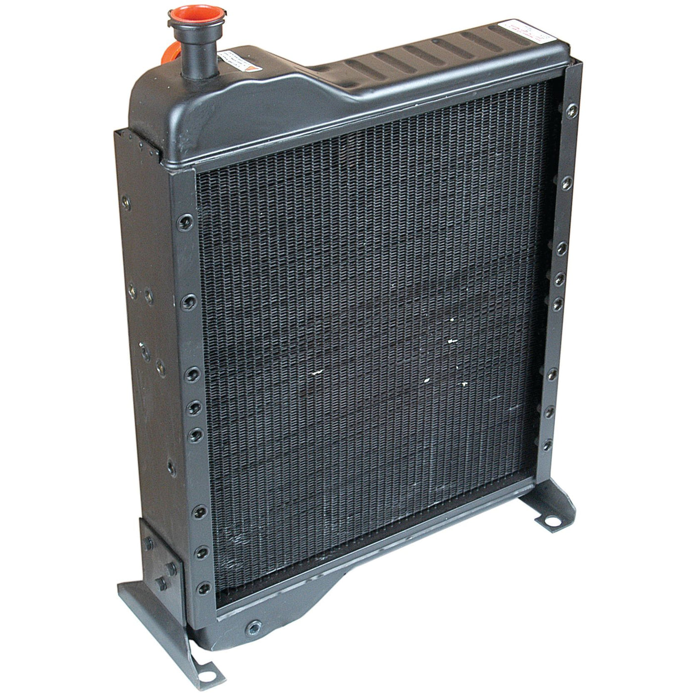 The Sparex Radiator (S.73809) features a black mesh core, two side brackets for easy mounting, and a red cap on the top left corner, delivering efficient cooling performance.