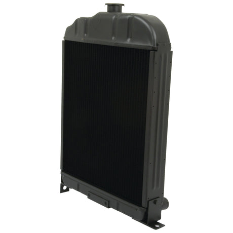 The Sparex Radiator - S.73857 is an upright, black and gray metal radiator featuring a Ø38mm inlet, Ø36mm outlet, and a cap on top, designed for efficient engine cooling.