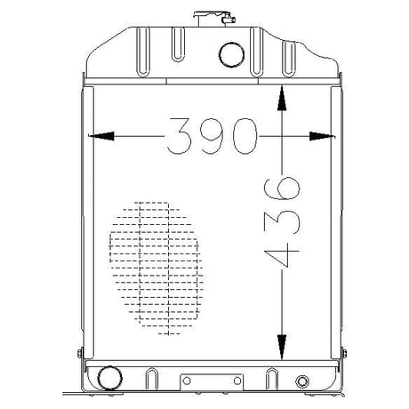 Technical drawing of a Sparex Radiator container (Radiator - S.73857) with labeled dimensions: 390 mm width and 436 mm height. The container has rounded corners, a small spout at the top, and features an inlet Ø38mm along with an outlet Ø36mm.