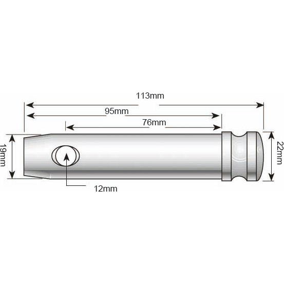 Diagram of a cylindrical object with dimensions labeled: 113mm length, Pin Ø 19mm at one end, 22mm diameter at the other, with a 12mm hole and a 76mm marked section. This is the Top link pin 19x76mm Cat. 1 (Sparex Part No.S.73), suitable for Allis Chalmers models and available from Sparex.