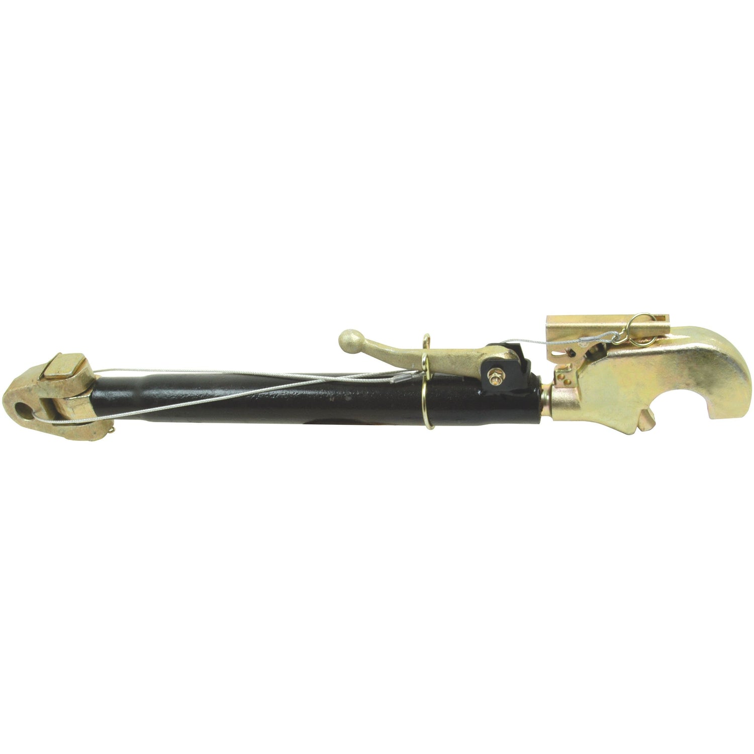 The Sparex Top Link Heavy Duty (Cat.2/3) Knuckle and Q.R. Hook, M36x3, Min. Length: 710mm (S.74389) is a robust gold and black mechanical hand tool featuring a curved handle and adjustable components, showcased on a white background.