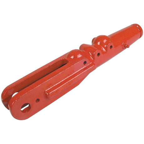 A Sparex Levelling Box Fork - 7/8 UNC (Part No. S.74444) is a red painted metal farm tractor top link bracket with a forked end and holes for attachment, suitable for International Harvester equipment.