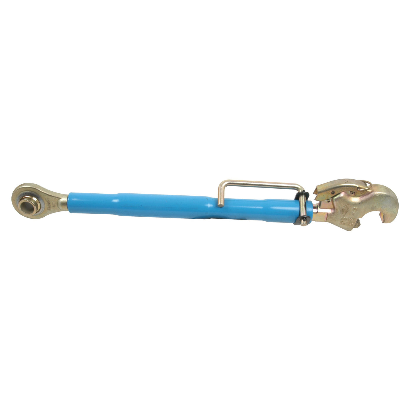 The Sparex Top Link Heavy Duty (Cat.2/2) Ball and Q.R. Hook, M32x3, S.74475, is a blue and metallic tool designed for heavy-duty tasks, featuring a hook and ball eyelet on opposite ends with a minimum length of 610mm.