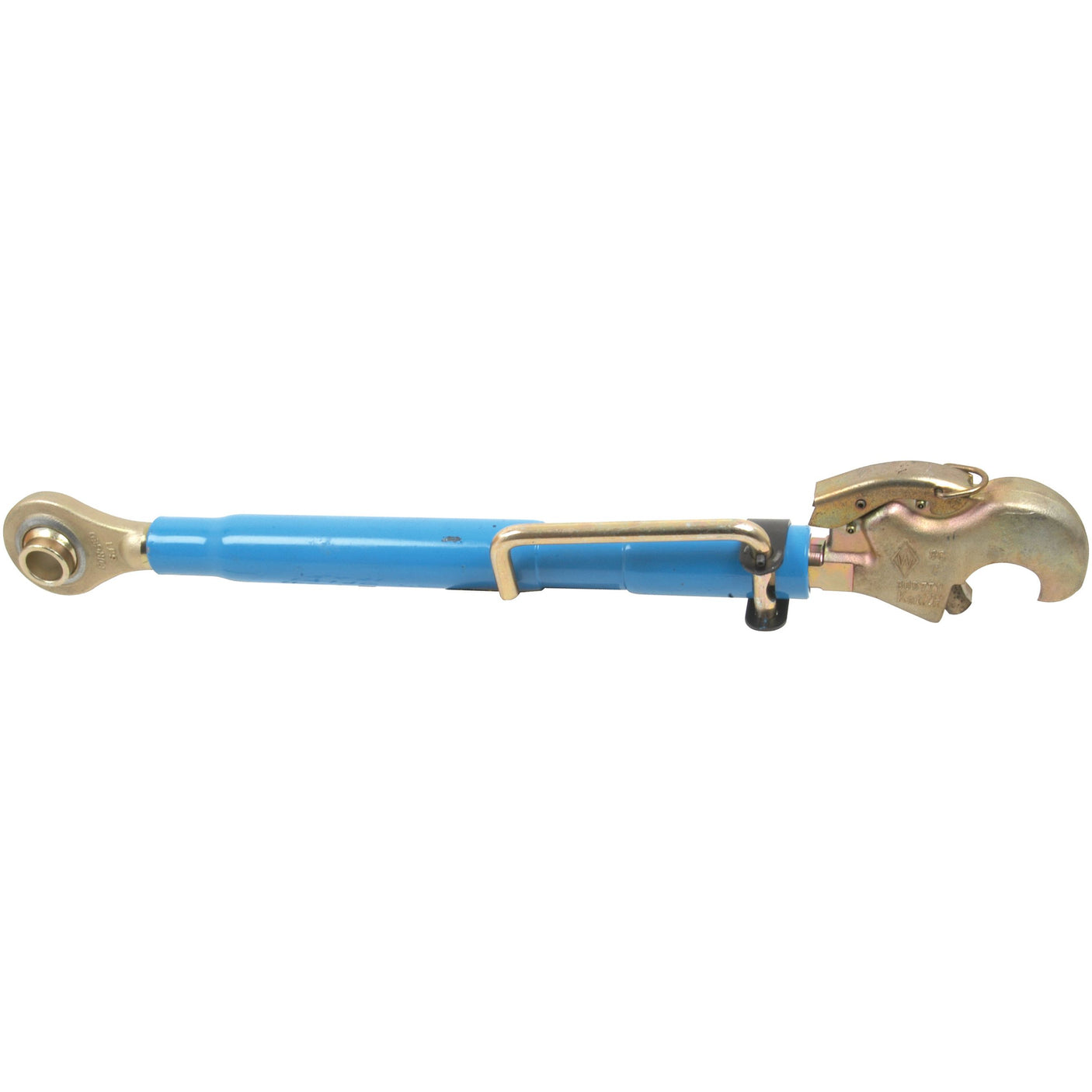 The Top Link Heavy Duty (Cat.2/2) Ball and Q.R. Hook, M32x3, Min. Length: 610mm from Sparex features a robust blue ratchet load binder with a gold-colored mechanism and hooks at both ends.