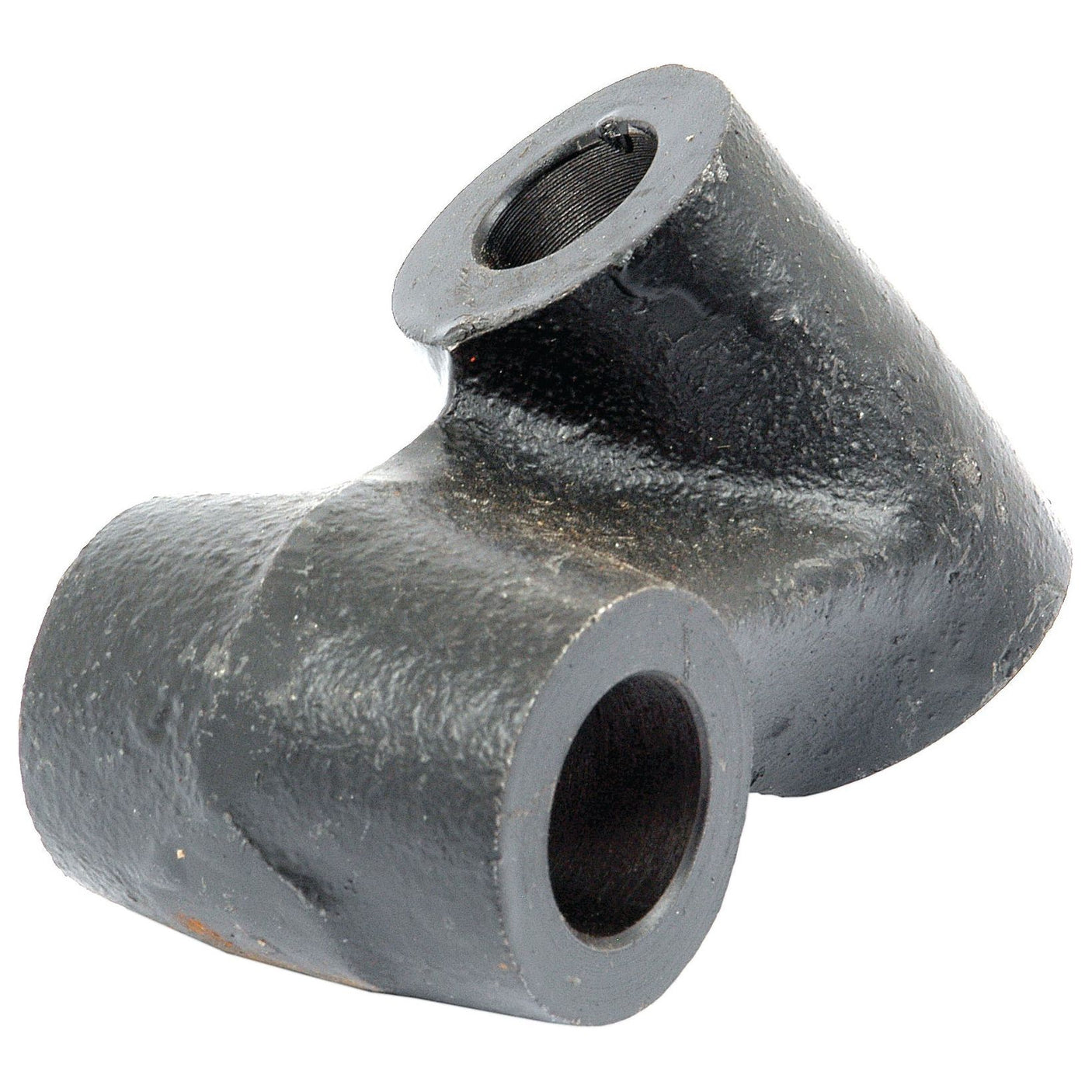 Sparex's Levelling Box Knuckle (Part No. S.74636) is a black metal pipe elbow fitting with two openings at a 90-degree angle, featuring precise knuckle bore measurements. Ideal for connecting two pipes in plumbing or industrial applications.