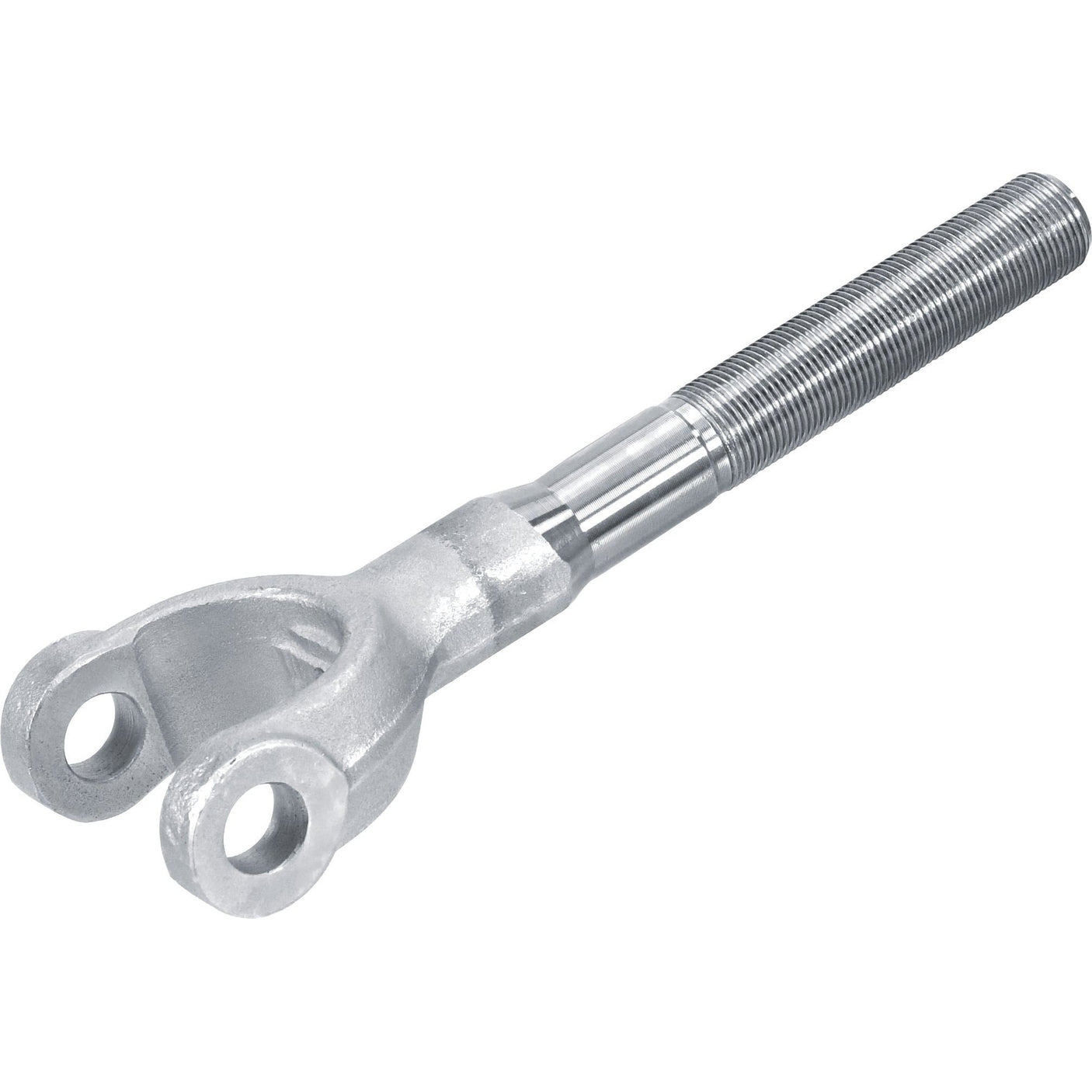 The Levelling Box Yoke - 1 UNS (Sparex Part No.S.74663) by Sparex is a metal mechanical linkage component with a Y-shaped end featuring two fork holes and an elongated threaded rod, noted for its precise thread length on the opposite side.