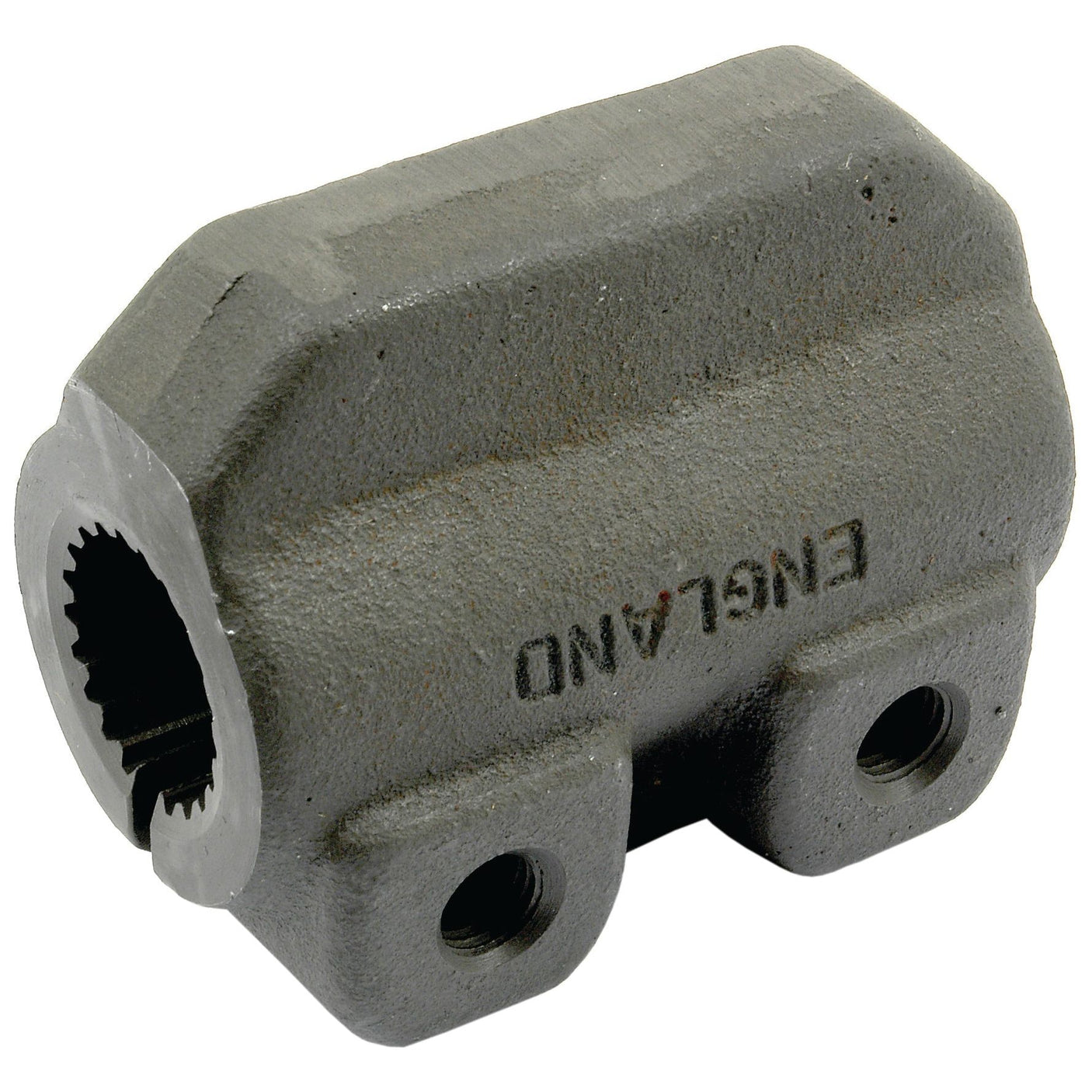 The Drive Train Coupling (Sparex Part No. S.74727) by Sparex is a metal device engraved with "ENGLAND," featuring a gear-like inner structure and two bolt holes on one end, making it ideal for use in International Harvester machinery.