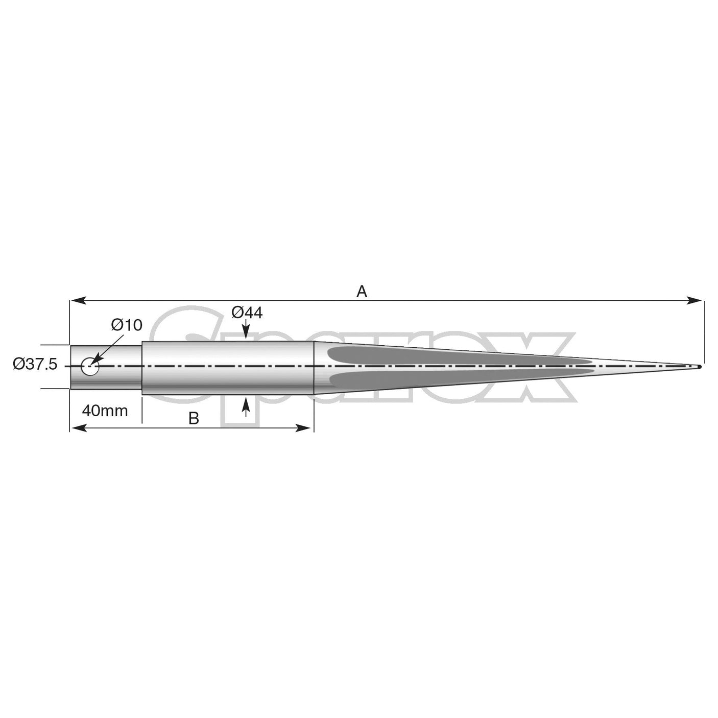 Technical diagram of the Sparex Loader Tine - Straight 1060mm (Star), with labeled dimensions: length A, diameter at the widest point 44mm, diameter at the narrowest point 10mm, and other specific measurements including pin fitting details. Designed to fit as: 2138 - S.74745.