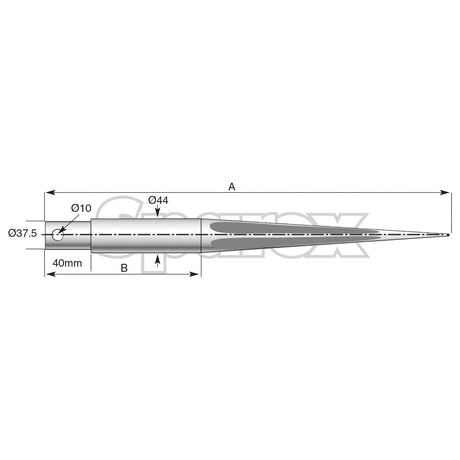 Technical diagram of the Sparex Loader Tine - Straight 1060mm (Star), with labeled dimensions: length A, diameter at the widest point 44mm, diameter at the narrowest point 10mm, and other specific measurements including pin fitting details. Designed to fit as: 2138 - S.74745.