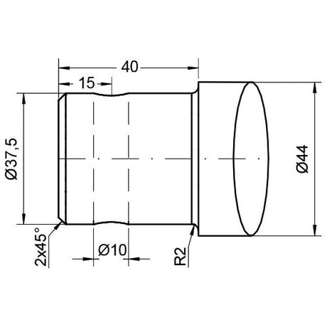 Technical drawing depicting the Loader Tine - Straight 1060mm (Star), compatible with part number S.74745, from the brand Sparex. The diagram illustrates various dimensions and tolerances, including diameters of 37.5mm and 44mm, a length of 40mm, specifications for straight tine lengths, as well as annotations for angles and radii.