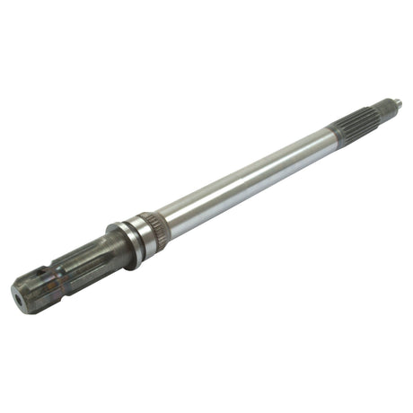 A metal drive shaft, featuring a cylindrical body with multiple grooves and splines at both ends, commonly used in Massey Ferguson tractors for various mechanical applications, is available as the Transmission PTO Output Shaft under Sparex Part No.S.74748 from the brand Sparex.