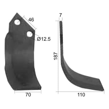 Detailed diagram of a Sparex Rotavator Blade Curved RH 70x7mm, replacement for Sovema, with dimensions labeled in millimeters: height 187, width 70, thickness 7, hole diameter 12.5, hole centers at 46 mm, and additional measurement of 110 mm.