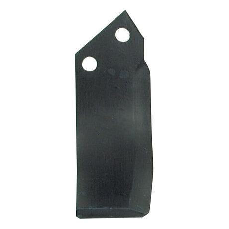 A curved left-hand rotavator blade made of black metal, measuring 70x7mm with a height of 187mm, featuring two circular holes of 12.5mm diameter each near the top for attachment, spaced 46mm apart. It is compatible with Sovema model number 900111002 and available as Sparex Part No.S.74751.