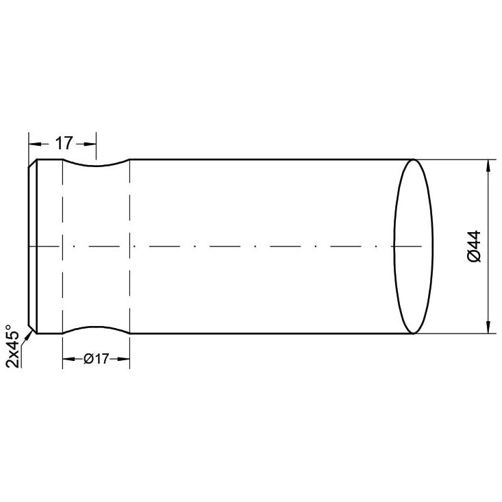 Technical drawing of a Loader Tine - Straight 1050mm, with dimensions. The diameter is 44 mm, and the length is unspecified. The ends are chamfered at 45 degrees, with the smaller diameter being 17 mm. Pin fitting details included. Product Name: DF045 - S.74760 by Sparex.