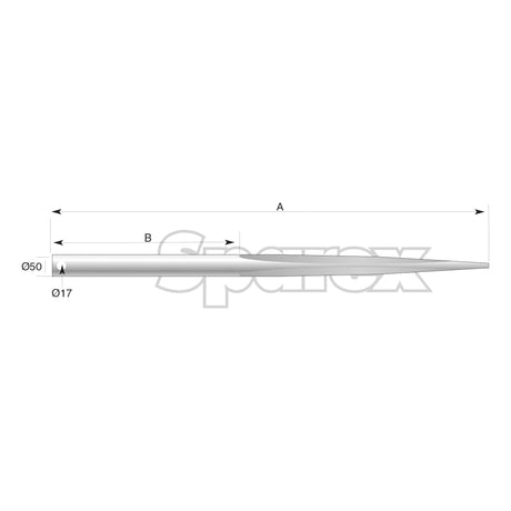 A technical drawing of a Sparex Loader Tine - Straight 1250mm (Square), featuring labeled dimensions A, B, Ø50, and Ø17. Suitable for fitting as DF045 - S.74763.