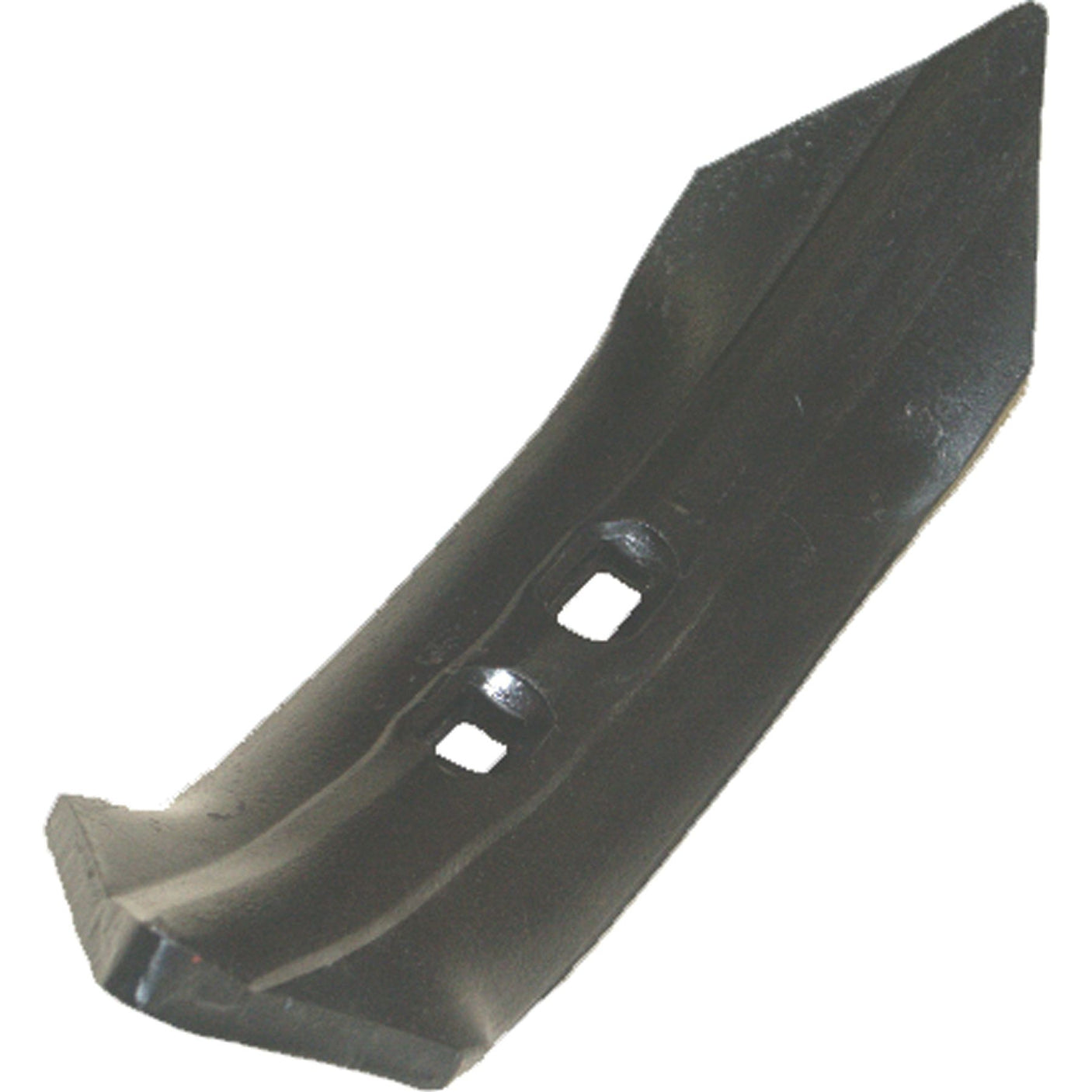 The Sparex Reversible self sharpening point 390x90x10mm with hole centers at 45/75mm (Sparex Part No. S.74766) is a black, heavy-duty curved metal plow blade featuring two square mounting holes, ideal for universal tractors.