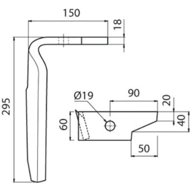 Technical drawing of a Sparex Hardfaced Power Harrow Blade for right-hand fitting, designed as a replacement for Amazone part 954426SC - S.74780. The dimensions are clearly labeled, with the blade standing 295mm tall and being 60mm wide by 18mm thick. Hole centers and diameters are specified at 19mm each.