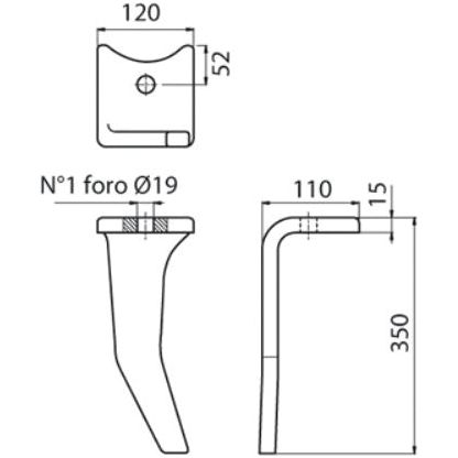 Technical drawing of a Sparex Hardfaced Power Harrow Blade, replacement for Amazone (model 6147300C - S.74782) with dimensions: 120mm width, 15mm thickness, and 350mm height. Includes a screw hole Ø19mm.