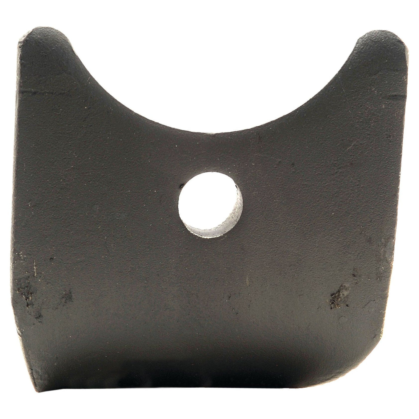 A black, U-shaped metal bracket with a 19mm circular hole in the center, named the Hardfaced Power Harrow Blade 120x15x350mm RH by Sparex, featuring hardfaced durability for extended use and serving as a replacement for Amazone.