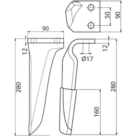 Technical drawing of a Sparex Hardfaced Power Harrow Blade 90x12x280mm RH, compatible as 27000209C - S.74784 and suitable for Kverneland and Maschio models. The blade is 280mm tall, 90mm wide, and features two mounting holes (diameter: 17mm) spaced 50mm apart on the top view.