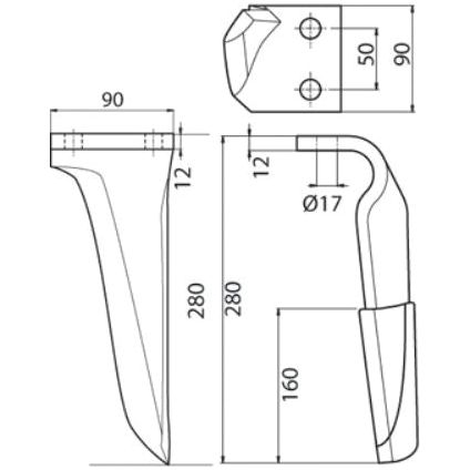 Technical drawing displaying dimensions of a Sparex Hardfaced Power Harrow Blade. The measurements include a height of 280mm, length of 90mm, and depth of 160mm. The hole diameters are 17mm and spaced 50mm apart. Designed with Tungsten Carbide for reduced parts replacement frequency and minimized machine downtime. This product is a replacement for Kverneland and fits as model number S.74785 (27000210C).