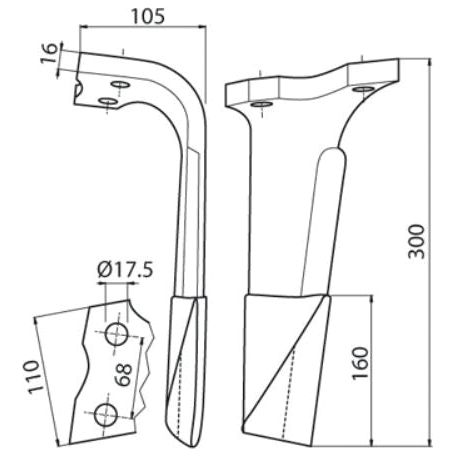 Technical drawing showing the dimensions of a Hardfaced Power Harrow Blade 110x16x310mm RH with measurements in millimeters. The blade, made from Tungsten Carbide to reduce machine downtime, has multiple views including side, front, and sectional. Hole centers: 68mm and Hole Ø 17mm. Replacement for Kuhn (52539400C - S.74788) by Sparex.