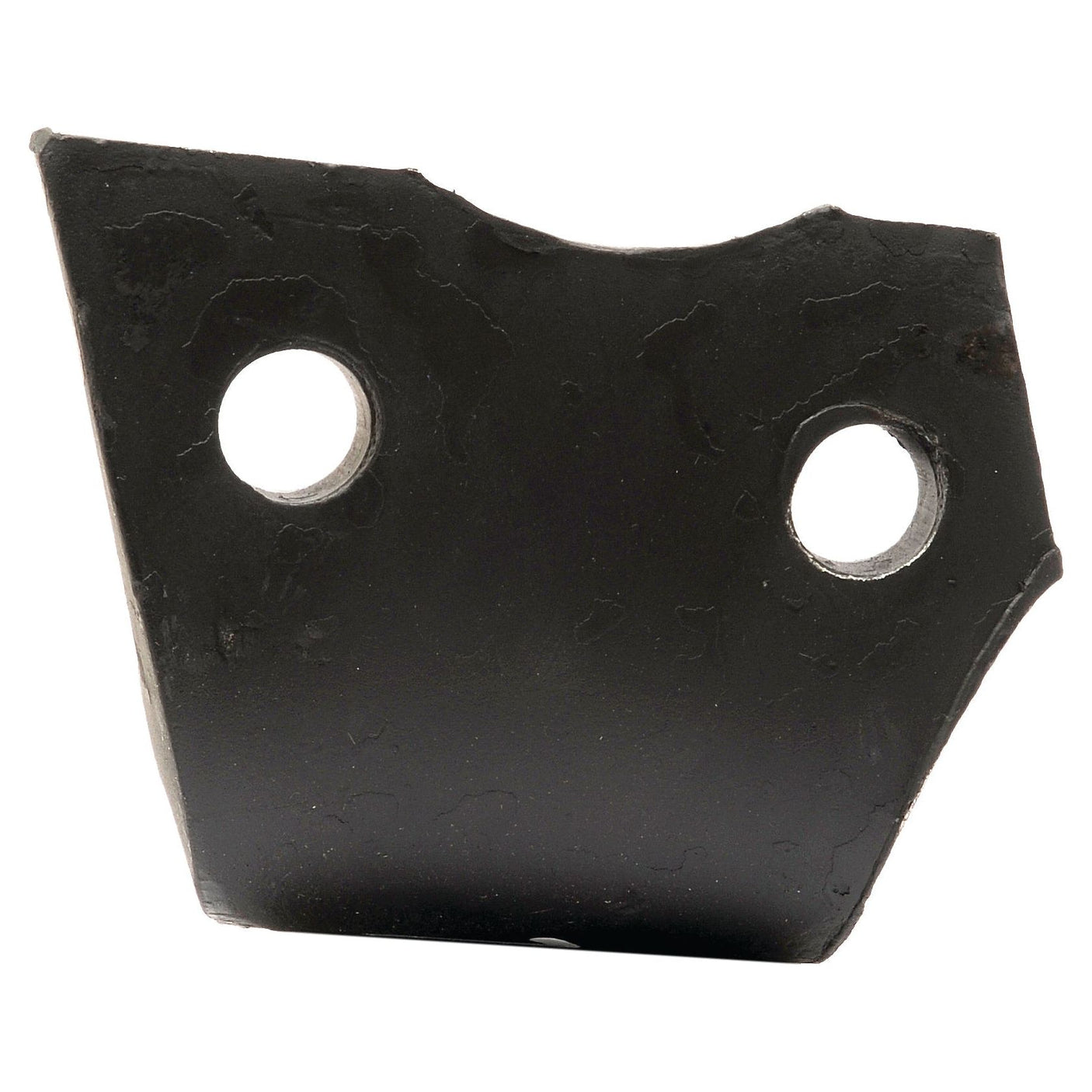 Close-up of a black, irregularly-shaped metal plate with two round holes. The edges are uneven, and the surface appears slightly worn or scratched, suggesting extensive use in minimizing machine downtime. This image showcases the Hardfaced Power Harrow Blade 110x16x310mm RH by Sparex, with hole centres of 68mm and hole diameters of 17mm. It serves as a replacement for Kuhn model 52539400C - S.74788.