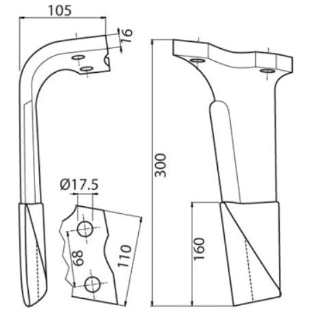 Hardfaced Power Harrow Blade 110x16x310mm LH. Hole centres: 68mm. Hole⌀ 17mm. Replacement for Kuhn.
 - S.74789 - Farming Parts