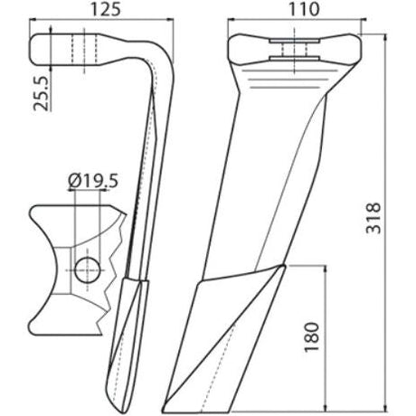 Technical drawing of a Hardfaced Power Harrow Blade 110x25.5x318mm RH by Sparex, featuring a hole diameter of 19.5mm, designed as a replacement for Kuhn model number 52596410C - S.74790.