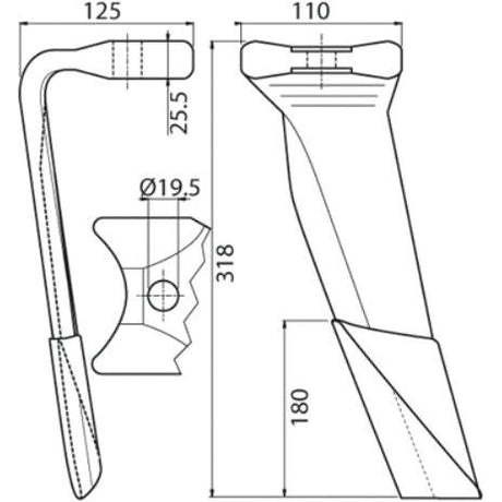 Technical drawing of a Hardfaced Power Harrow Blade with dimensions and details. The drawing includes measurements of 110x25.5x318mm, hole diameter of 19.5mm, to ensure longer life and reduced machine downtime. This component is a left-hand blade by Sparex, designed as a replacement for Kuhn model 52596510C - S.74791.
