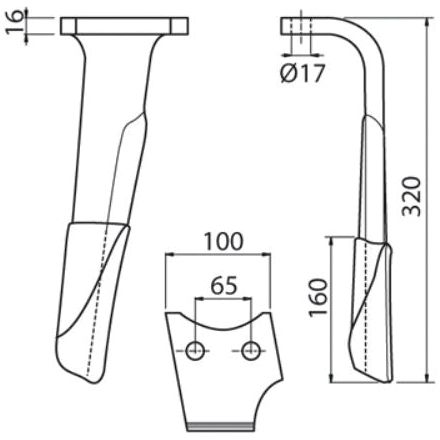 Technical drawing of a Sparex Hardfaced Power Harrow Blade with detailed measurements. The drawing includes three views: side, front, and top. The length of the blade is 320mm, with hole diameters of 17.5mm at the top and hole centers spaced at 66mm apart.