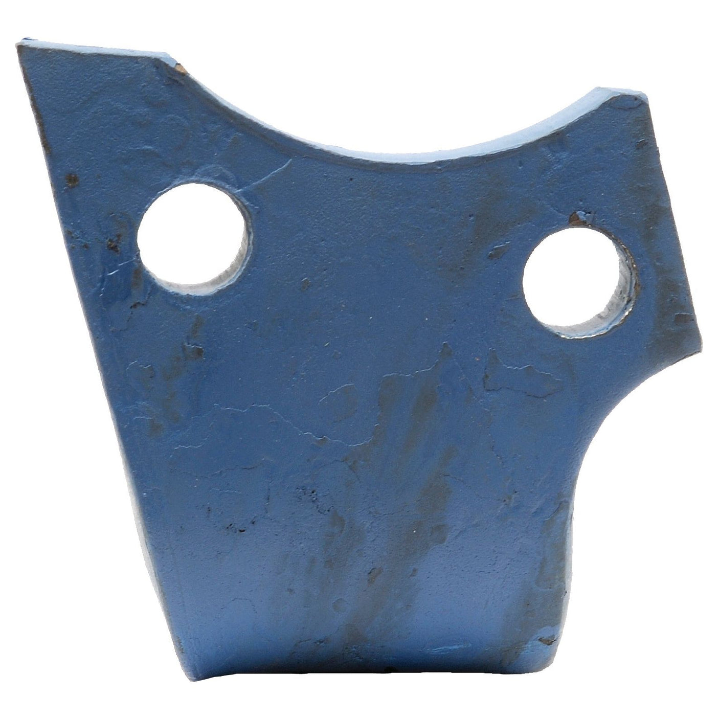 The Sparex Hardfaced Power Harrow Blade 100x16x320mm RH, a blue, metal object with a flat base featuring a roughly triangular shape and hardfaced with Tungsten Carbide, includes two circular holes near its top corners. The holes have centers 66mm apart and a diameter of 17.5mm. It serves as a replacement part for Perugini (Concept-Ransome) and Rabewerk, and fits model KG30RC - S.74792.
