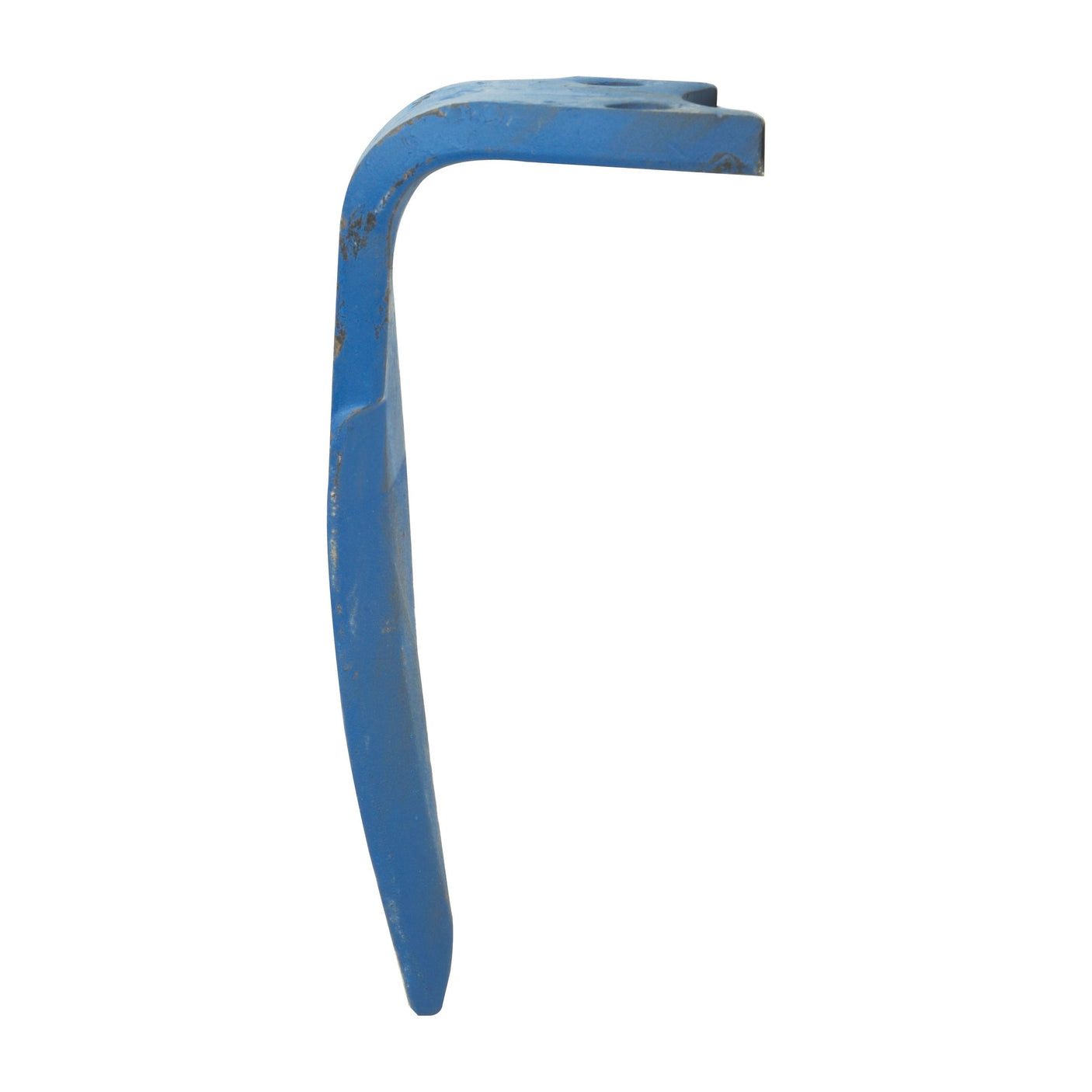 The Sparex Hardfaced Power Harrow Blade, model S.74793 (100x16x320mm LH), is a blue L-shaped metal tool featuring a sharp downward extension. It is hardfaced for enhanced durability and crafted from tungsten carbide to minimize machine downtime. Suitable as a replacement for Perugini (Concept-Ransome) and Rabewerk, it comes with 66mm hole centres and a 17.5mm hole diameter.