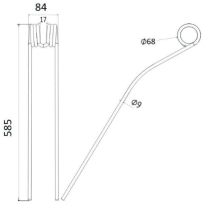 Technical drawing of a Sparex Swather/Tedder Tine (Replacement for Pottinger 436031) with measurements. The tine is 585 mm long, featuring an 84 mm wide top section with a 68 mm diameter loop, a rod diameter of 9 mm, and a spring section measuring 17 mm within the top part. Tariff Code: 8433900000.