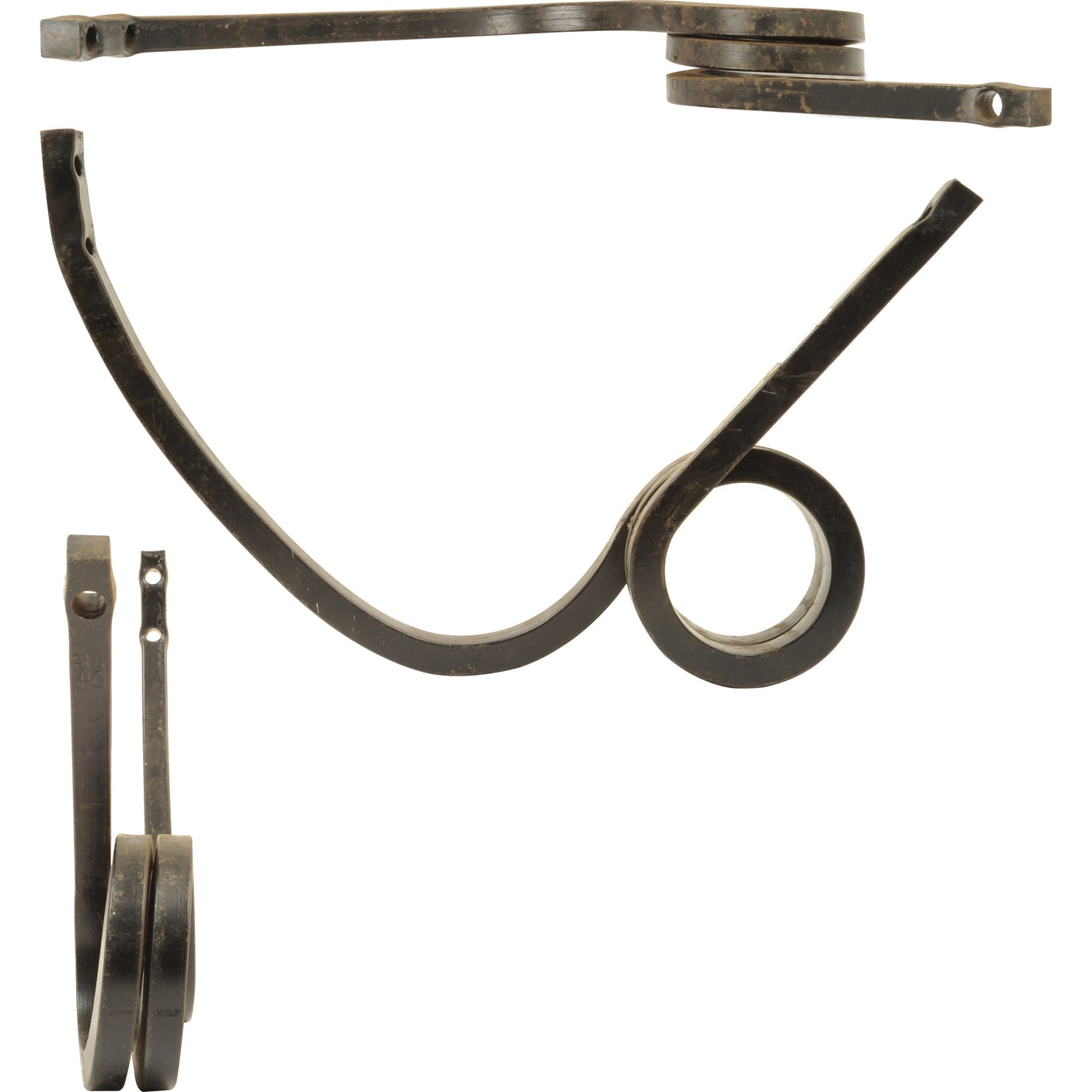 Pigtail tine - 30x30x490 RH (Low Clearance) by Sparex, Part No. S.74821, is showcased from different angles against a plain background, featuring a black metal spring with a coil and straight rods. This component is ideal for Universal Tractors, ensuring durability and low clearance efficiency.