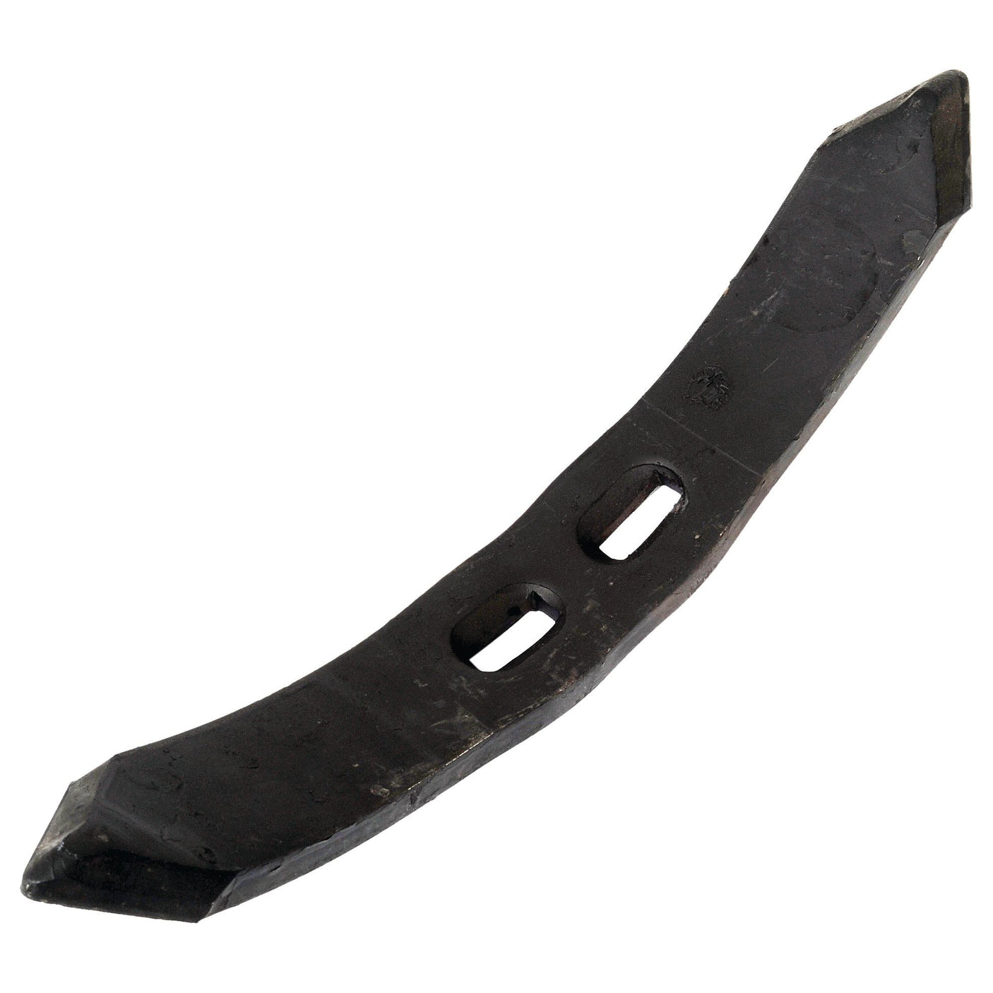 The Sparex Reversible Point S.74823 is a black metal tool with a curved design and two rectangular holes in the center, featuring pointed edges on both ends. It measures 400x55x15mm with hole centers at 45/75mm, making it ideal for heavy-duty tasks on universal tractors.