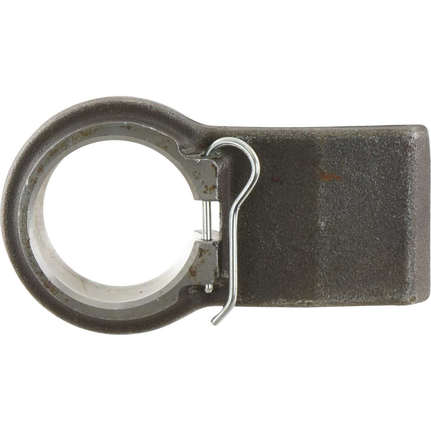 The Sparex Lower Link Weld On Ball End (Cat. 1/2), Part No. S.74824, is a metal latch clip with a circular ring and securing pin, designed for attachment and locking mechanisms that feature precision welding length for enhanced durability.