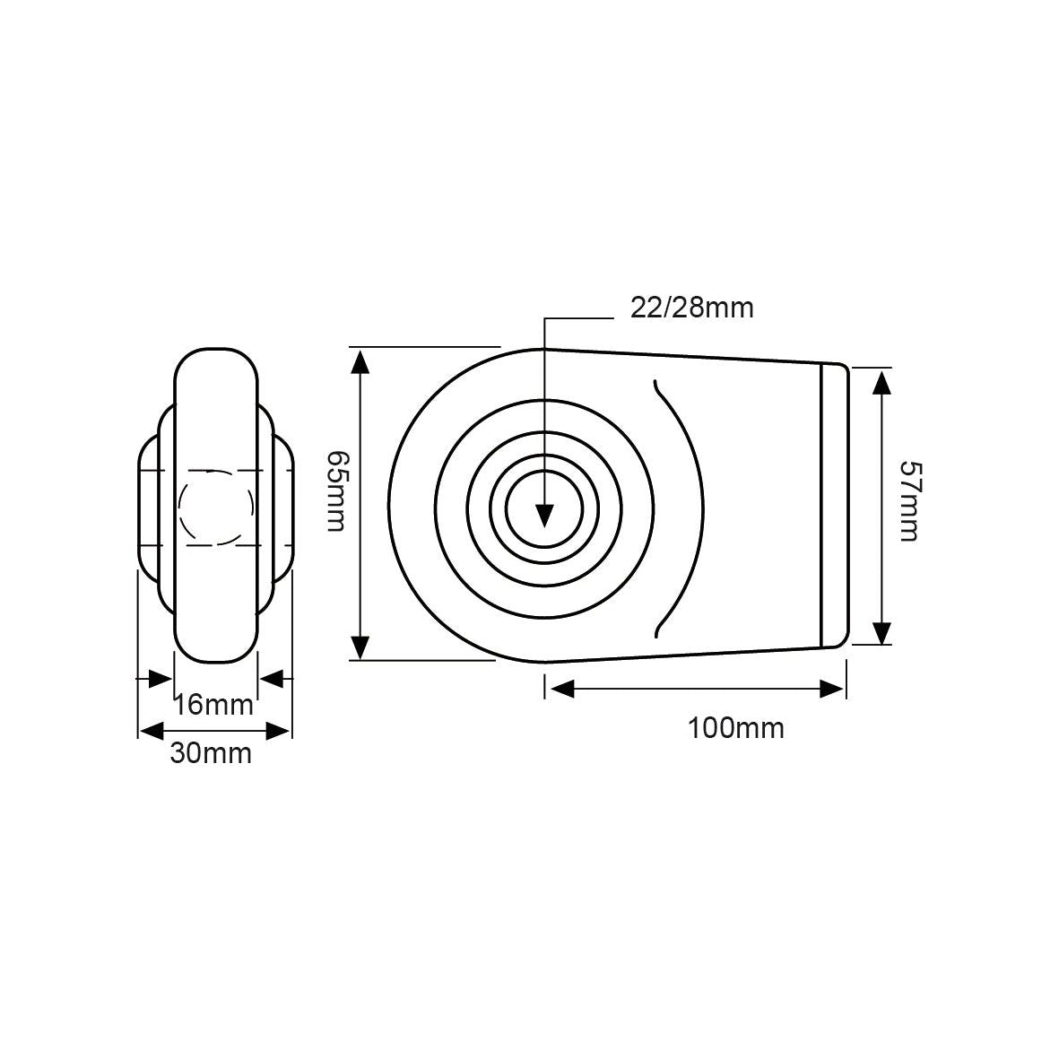 Technical diagram showing the dimensions of the object, identified as the Lower Link Weld On Ball End (Cat. 1/2) by Sparex (Sparex Part No.S.74824). The object is 100mm long, 65mm tall, and 57mm wide, with additional specified measurements including a welding length of 16mm, dimensions of 22/28mm, and a working length of 30mm.